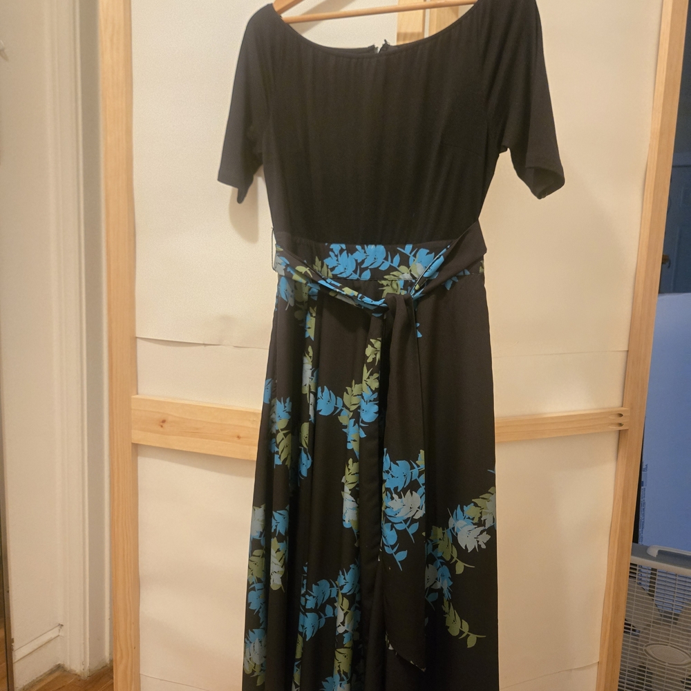 eShakti Black Midi Dress with Blue Floral Design